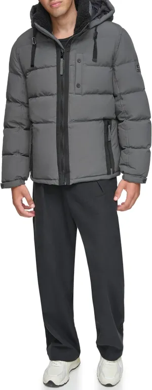 Andrew Marc Men's Water Resistant Hubble Crinkle Down Jacket with Removable Faux Fur Hood