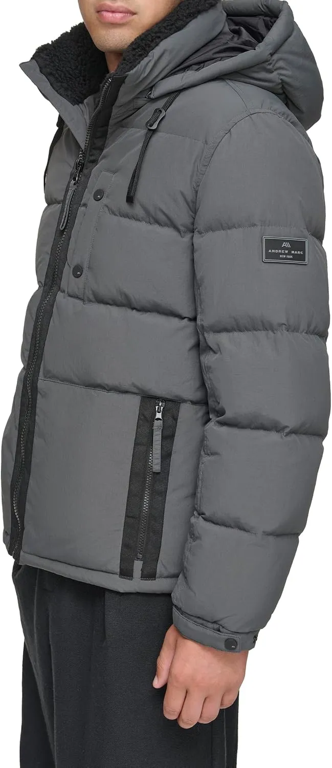 Andrew Marc Men's Water Resistant Hubble Crinkle Down Jacket with Removable Faux Fur Hood