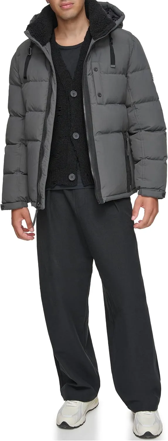 Andrew Marc Men's Water Resistant Hubble Crinkle Down Jacket with Removable Faux Fur Hood