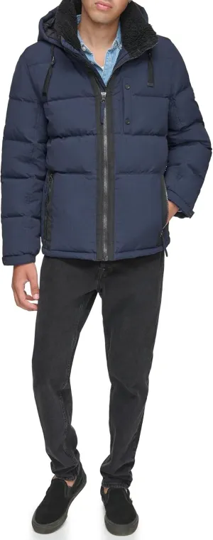 Andrew Marc Men's Water Resistant Hubble Crinkle Down Jacket with Removable Faux Fur Hood