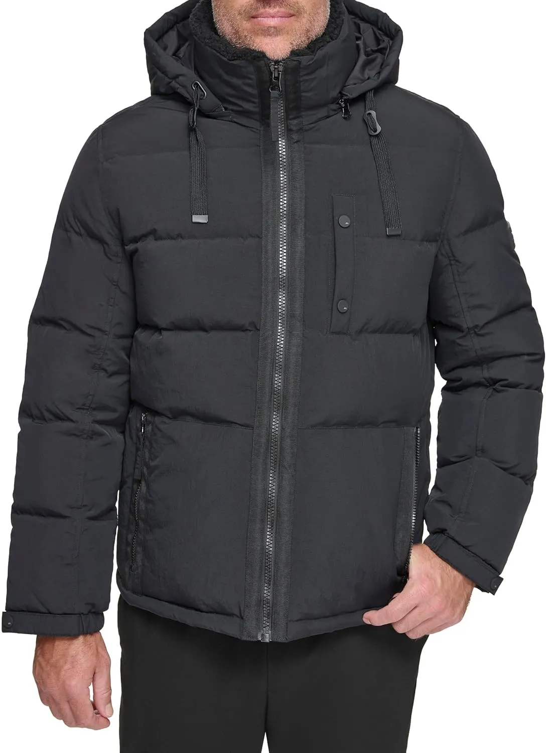 Andrew Marc Men's Water Resistant Hubble Crinkle Down Jacket with Removable Faux Fur Hood