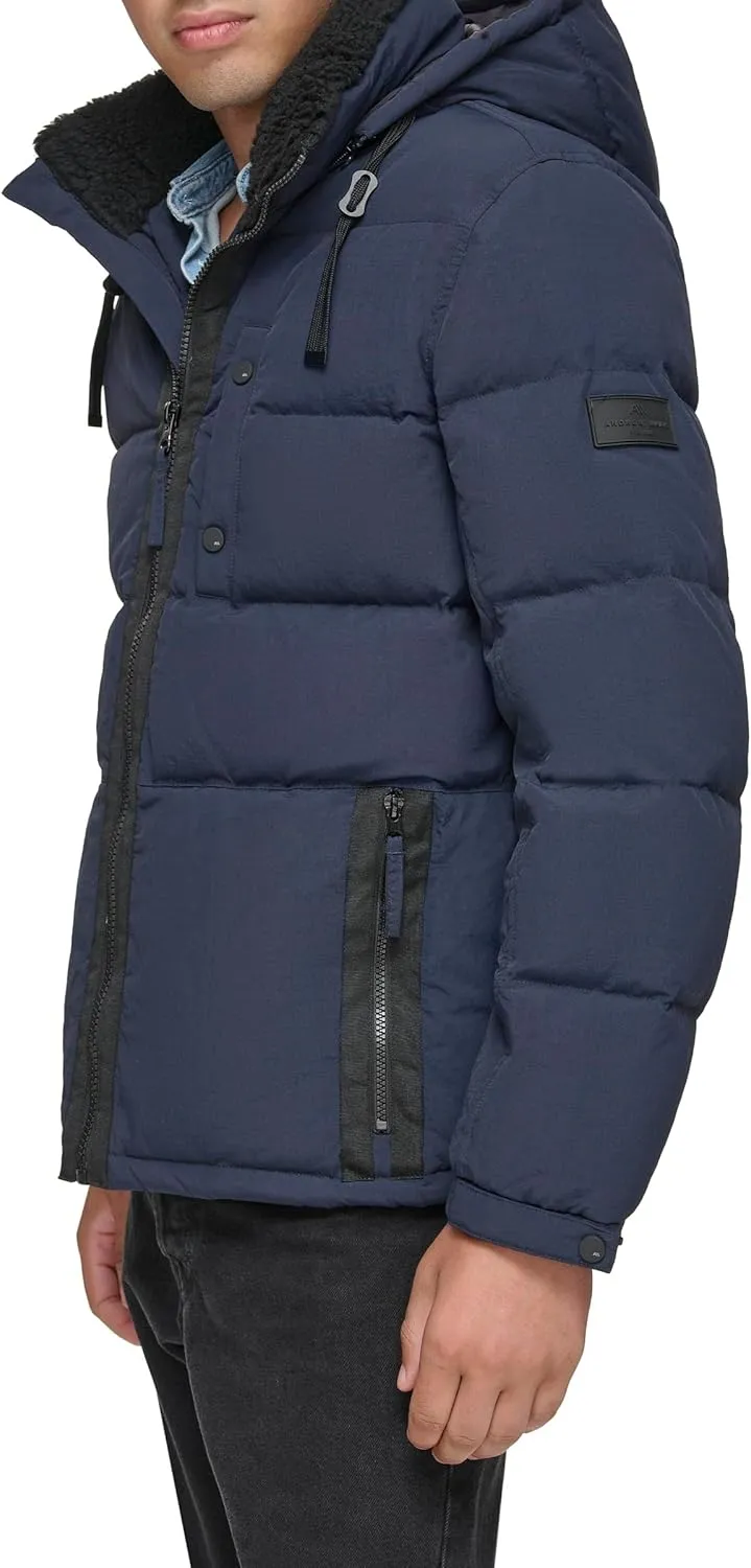 Andrew Marc Men's Water Resistant Hubble Crinkle Down Jacket with Removable Faux Fur Hood