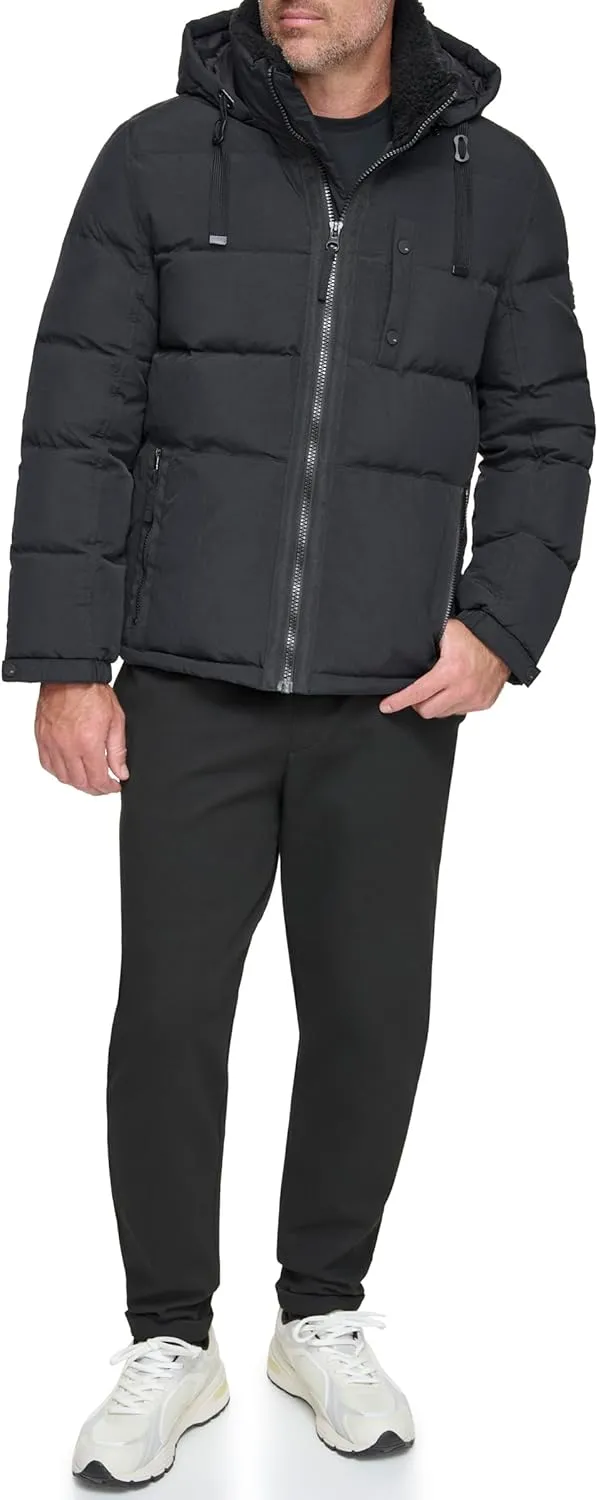 Andrew Marc Men's Water Resistant Hubble Crinkle Down Jacket with Removable Faux Fur Hood