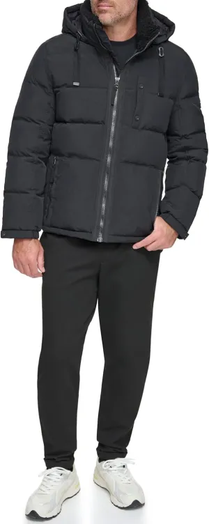 Andrew Marc Men's Water Resistant Hubble Crinkle Down Jacket with Removable Faux Fur Hood