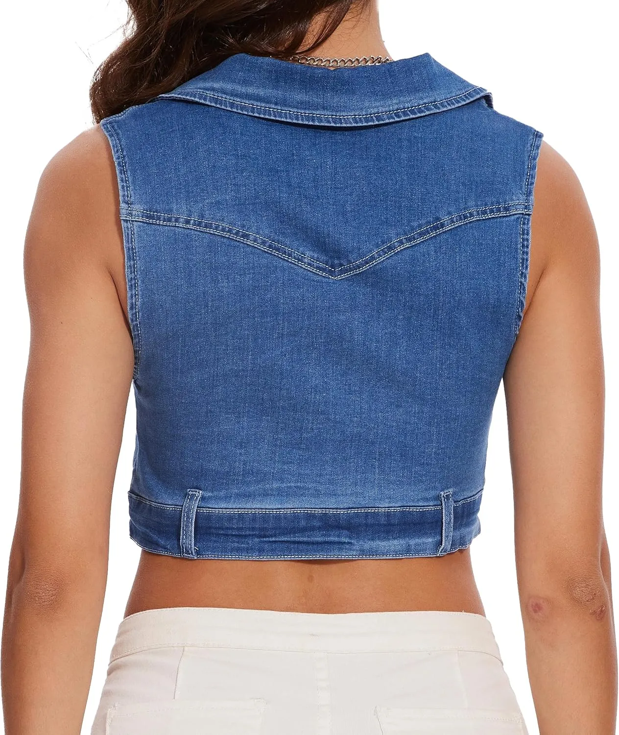 andy & natalie Women's Denim Vest Zipper Up V Neck Sleeveless Patched Pockets Jean vest