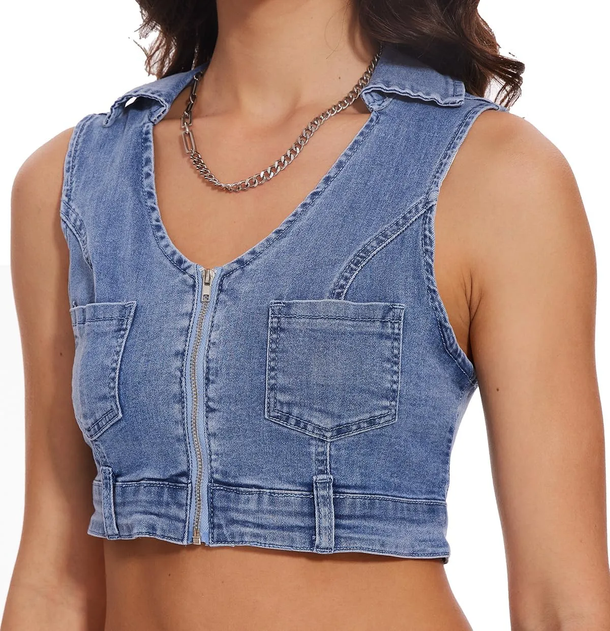 andy & natalie Women's Denim Vest Zipper Up V Neck Sleeveless Patched Pockets Jean vest