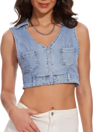 andy & natalie Women's Denim Vest Zipper Up V Neck Sleeveless Patched Pockets Jean vest