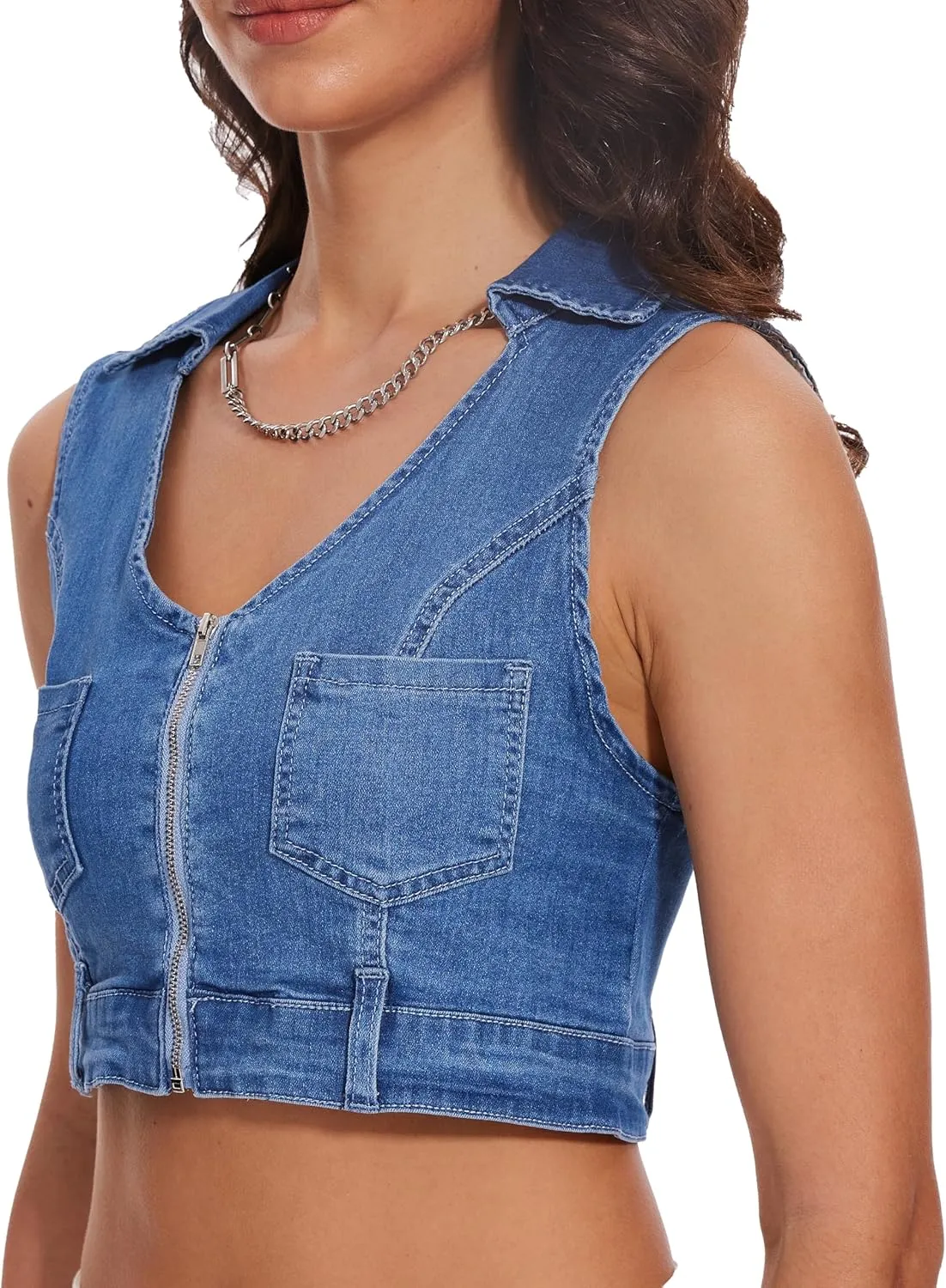 andy & natalie Women's Denim Vest Zipper Up V Neck Sleeveless Patched Pockets Jean vest
