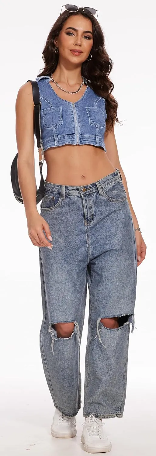 andy & natalie Women's Denim Vest Zipper Up V Neck Sleeveless Patched Pockets Jean vest