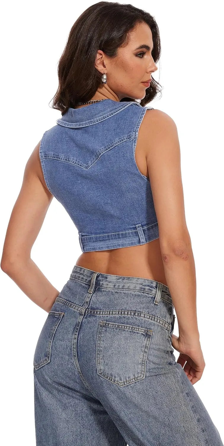 andy & natalie Women's Denim Vest Zipper Up V Neck Sleeveless Patched Pockets Jean vest