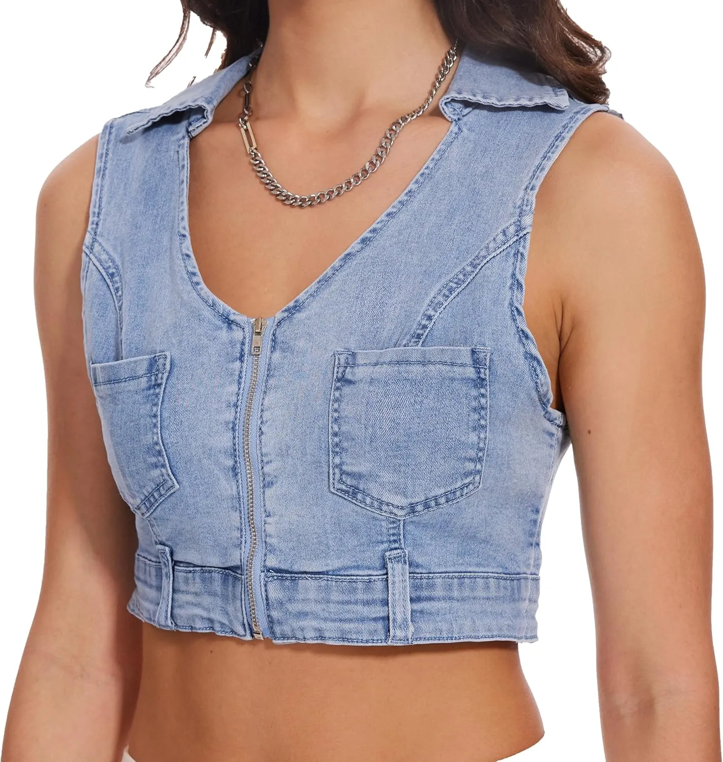 andy & natalie Women's Denim Vest Zipper Up V Neck Sleeveless Patched Pockets Jean vest