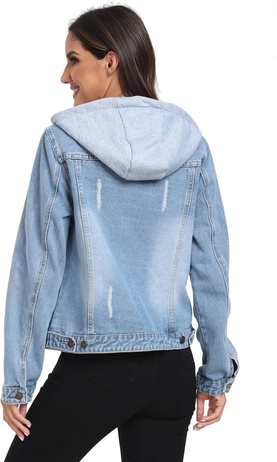 Anienaya Women's Hooded Jean Jacket Drawstring Layered Washed Long Sleeve Detachable Hoodie Denim Jacket w 2 Pockets