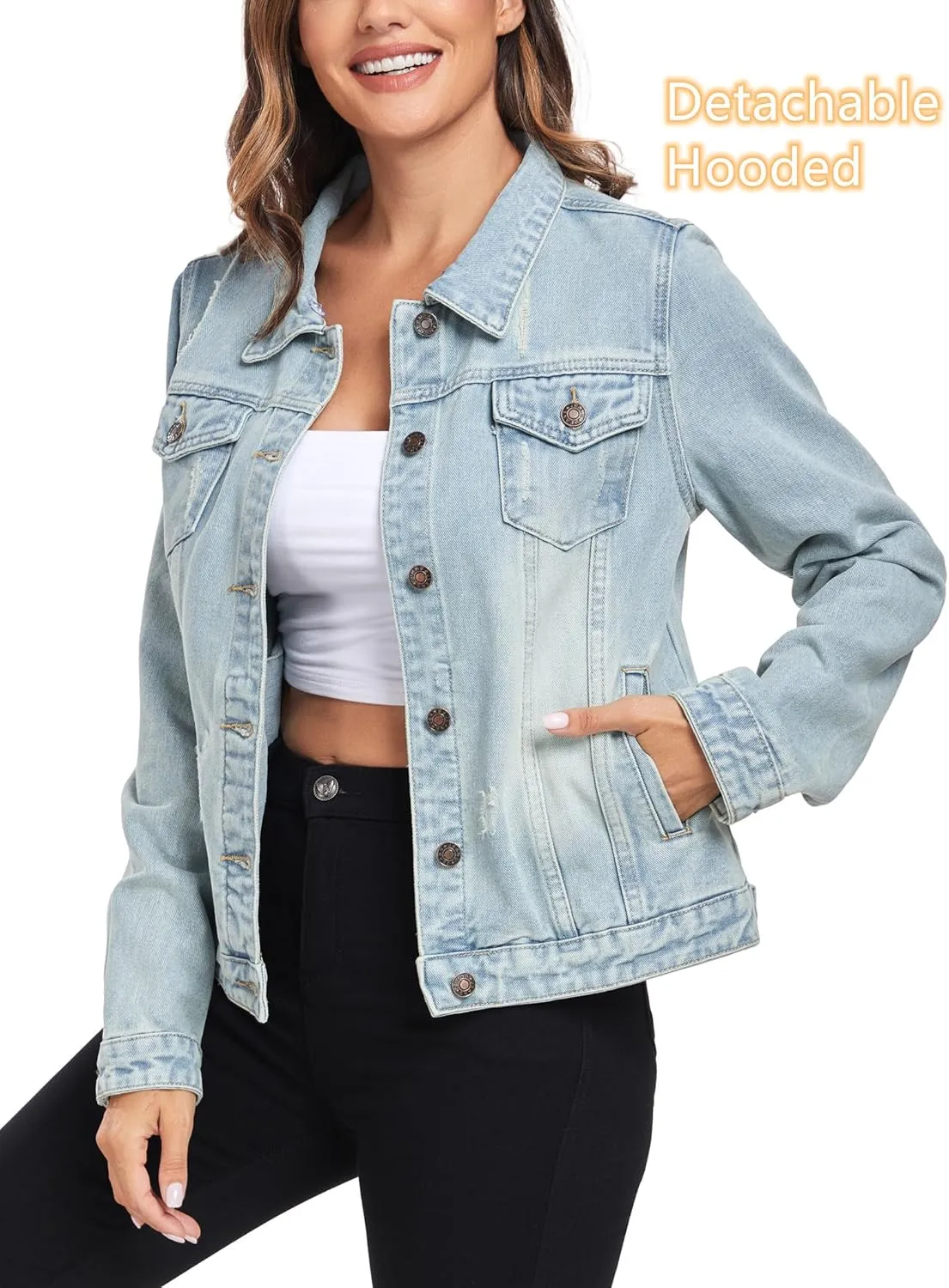Anienaya Women's Hooded Jean Jacket Drawstring Layered Washed Long Sleeve Detachable Hoodie Denim Jacket w 2 Pockets