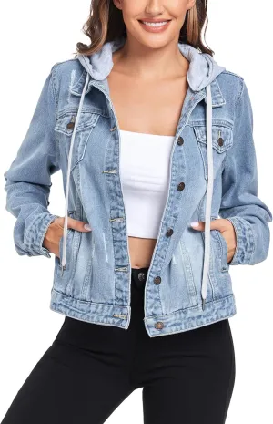 Anienaya Women's Hooded Jean Jacket Drawstring Layered Washed Long Sleeve Detachable Hoodie Denim Jacket w 2 Pockets
