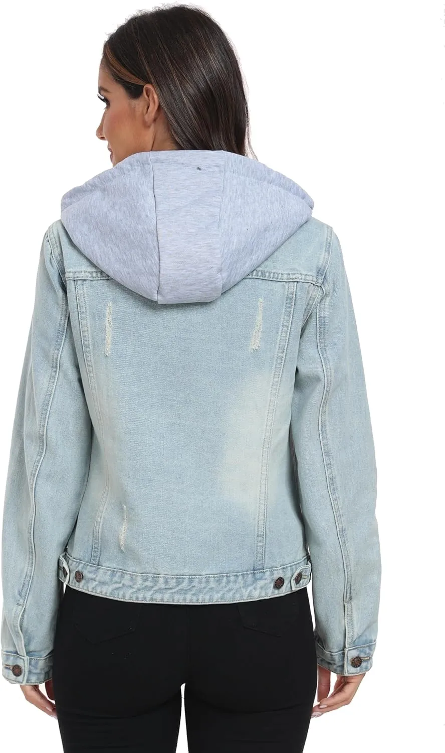 Anienaya Women's Hooded Jean Jacket Drawstring Layered Washed Long Sleeve Detachable Hoodie Denim Jacket w 2 Pockets