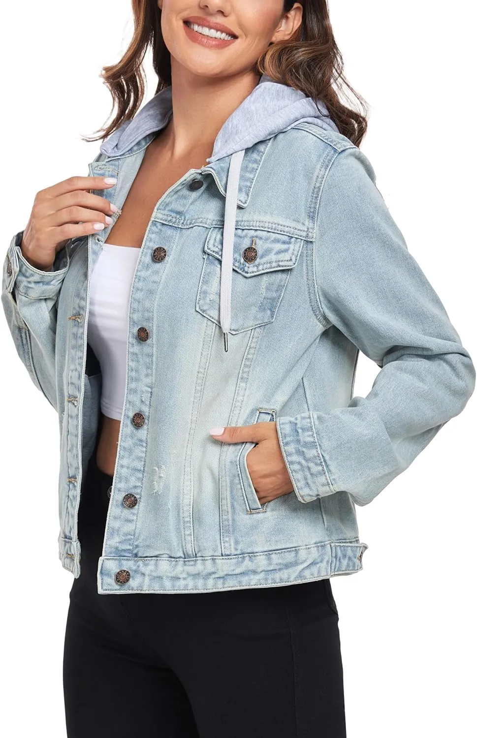 Anienaya Women's Hooded Jean Jacket Drawstring Layered Washed Long Sleeve Detachable Hoodie Denim Jacket w 2 Pockets