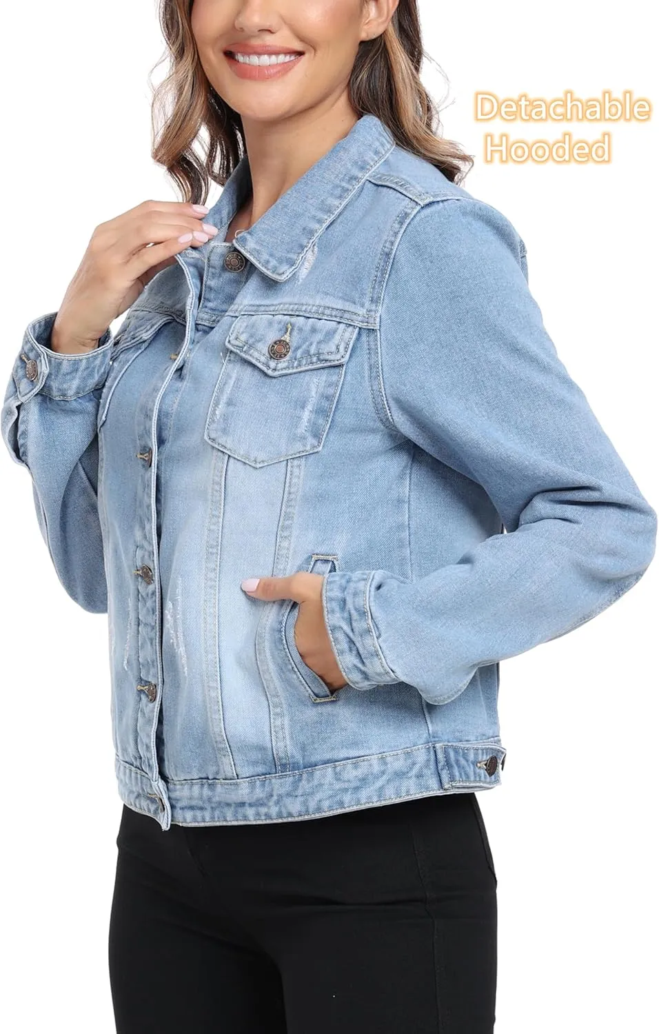 Anienaya Women's Hooded Jean Jacket Drawstring Layered Washed Long Sleeve Detachable Hoodie Denim Jacket w 2 Pockets