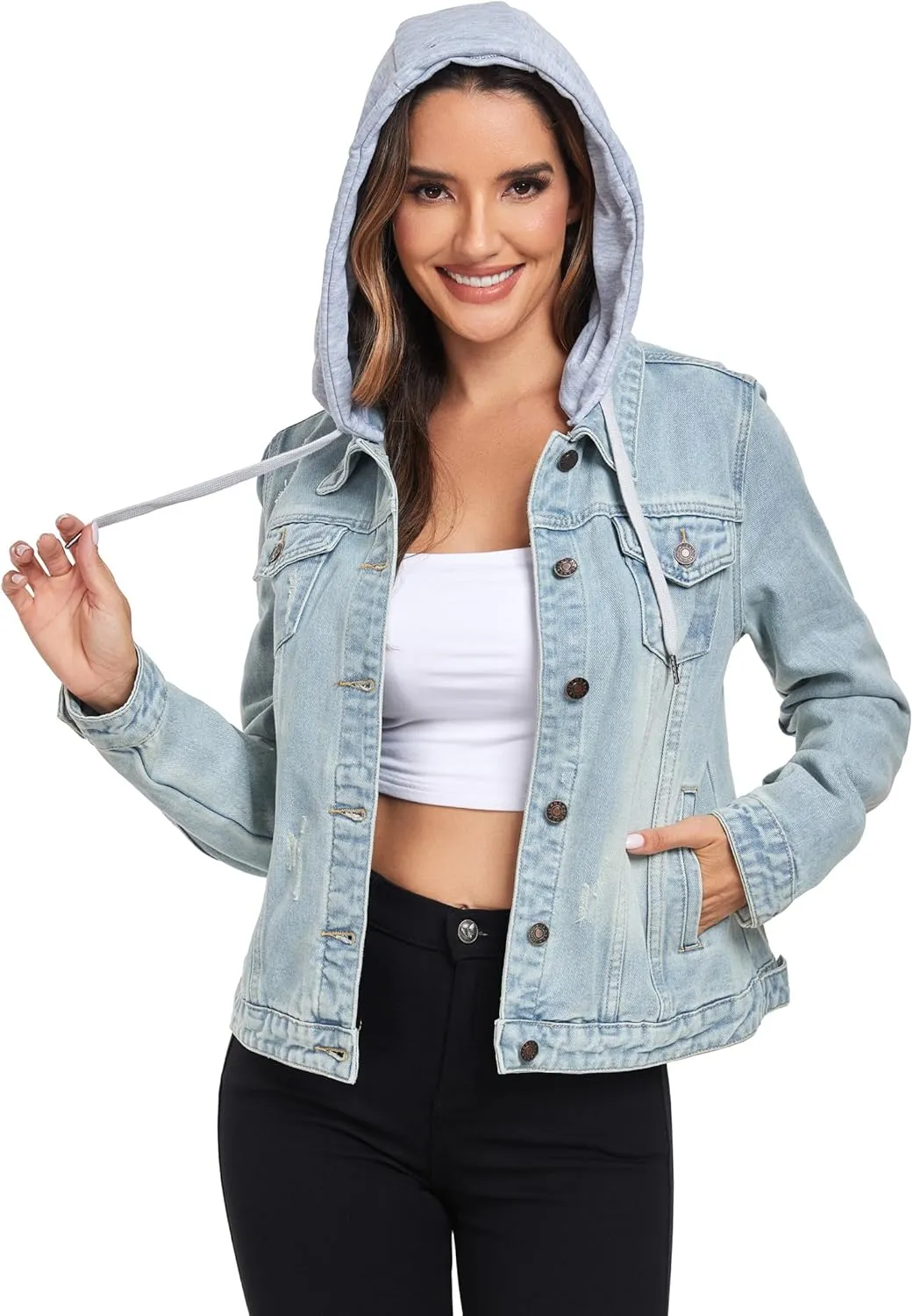 Anienaya Women's Hooded Jean Jacket Drawstring Layered Washed Long Sleeve Detachable Hoodie Denim Jacket w 2 Pockets