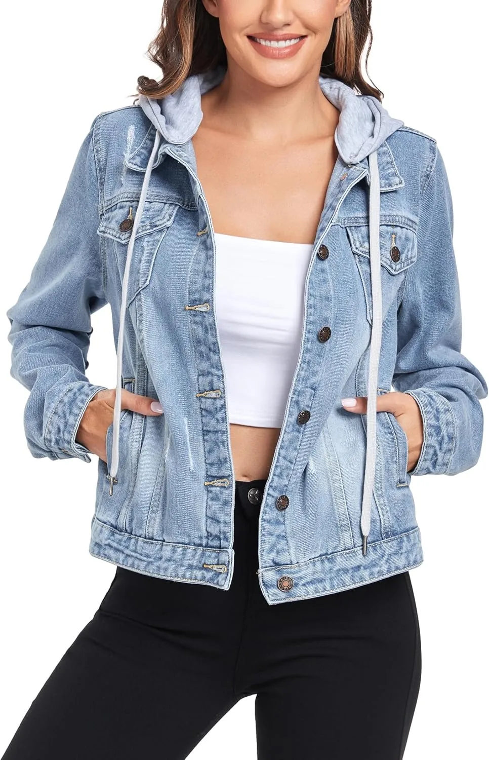 Anienaya Women's Hooded Jean Jacket Drawstring Layered Washed Long Sleeve Detachable Hoodie Denim Jacket w 2 Pockets