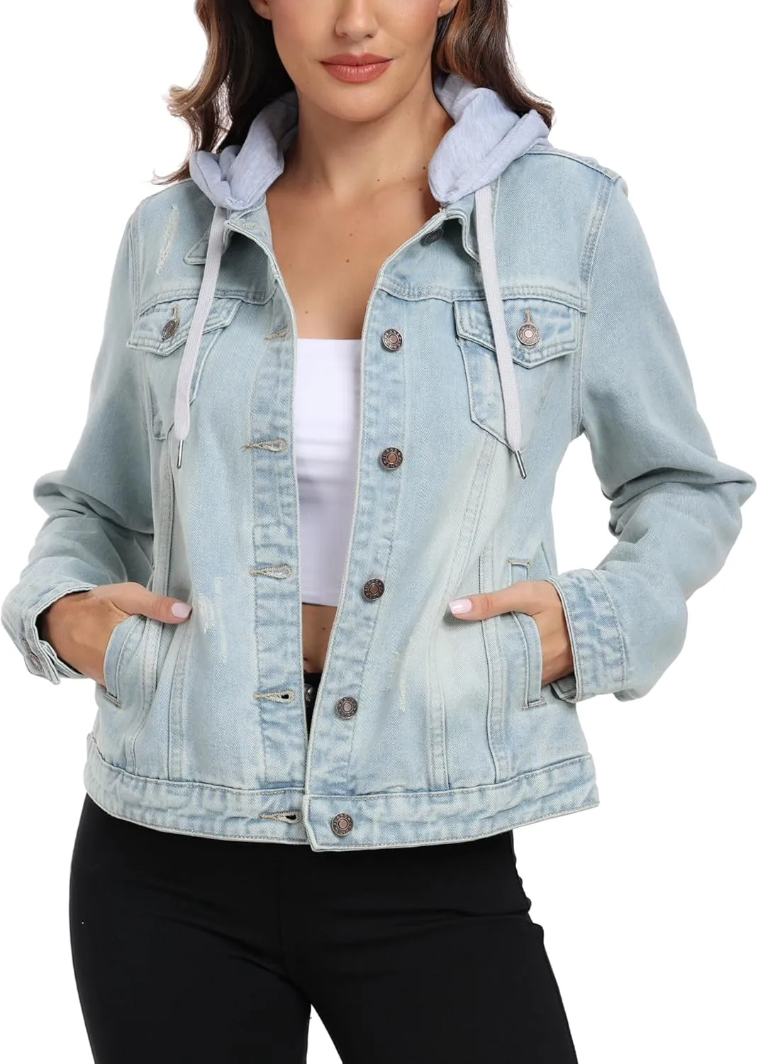Anienaya Women's Hooded Jean Jacket Drawstring Layered Washed Long Sleeve Detachable Hoodie Denim Jacket w 2 Pockets