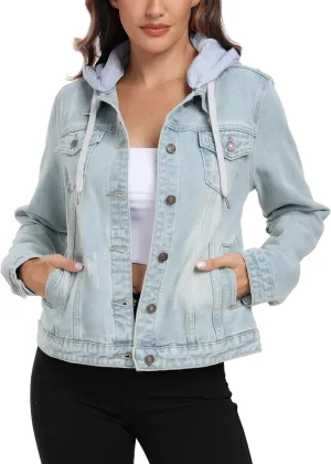 Anienaya Women's Hooded Jean Jacket Drawstring Layered Washed Long Sleeve Detachable Hoodie Denim Jacket w 2 Pockets