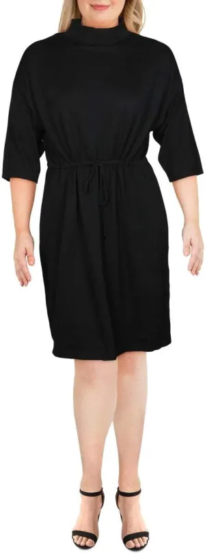 Anne Klein Womens Plus Wool Blend Ribbed Trim Midi Dress Black 0X