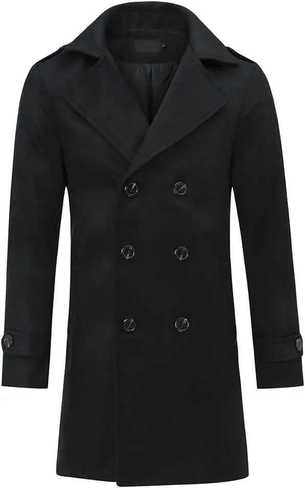 AOWOFS Men's Double Breasted Overcoat Pea Coat Classic Wool Blend Winter Coat