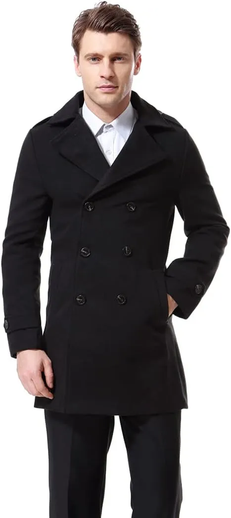 AOWOFS Men's Double Breasted Overcoat Pea Coat Classic Wool Blend Winter Coat