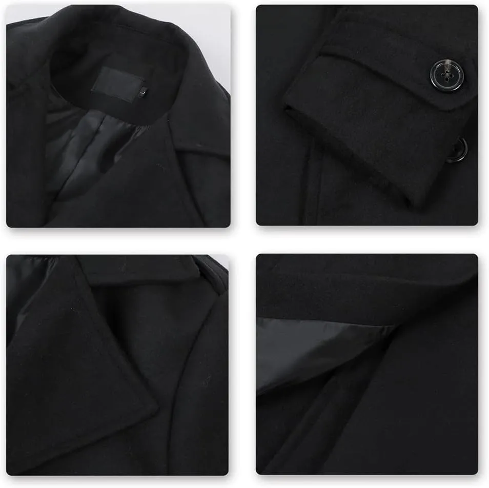 AOWOFS Men's Double Breasted Overcoat Pea Coat Classic Wool Blend Winter Coat