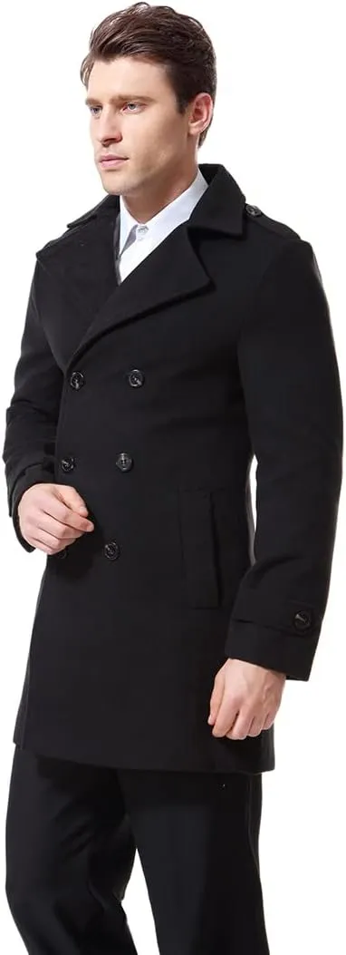 AOWOFS Men's Double Breasted Overcoat Pea Coat Classic Wool Blend Winter Coat