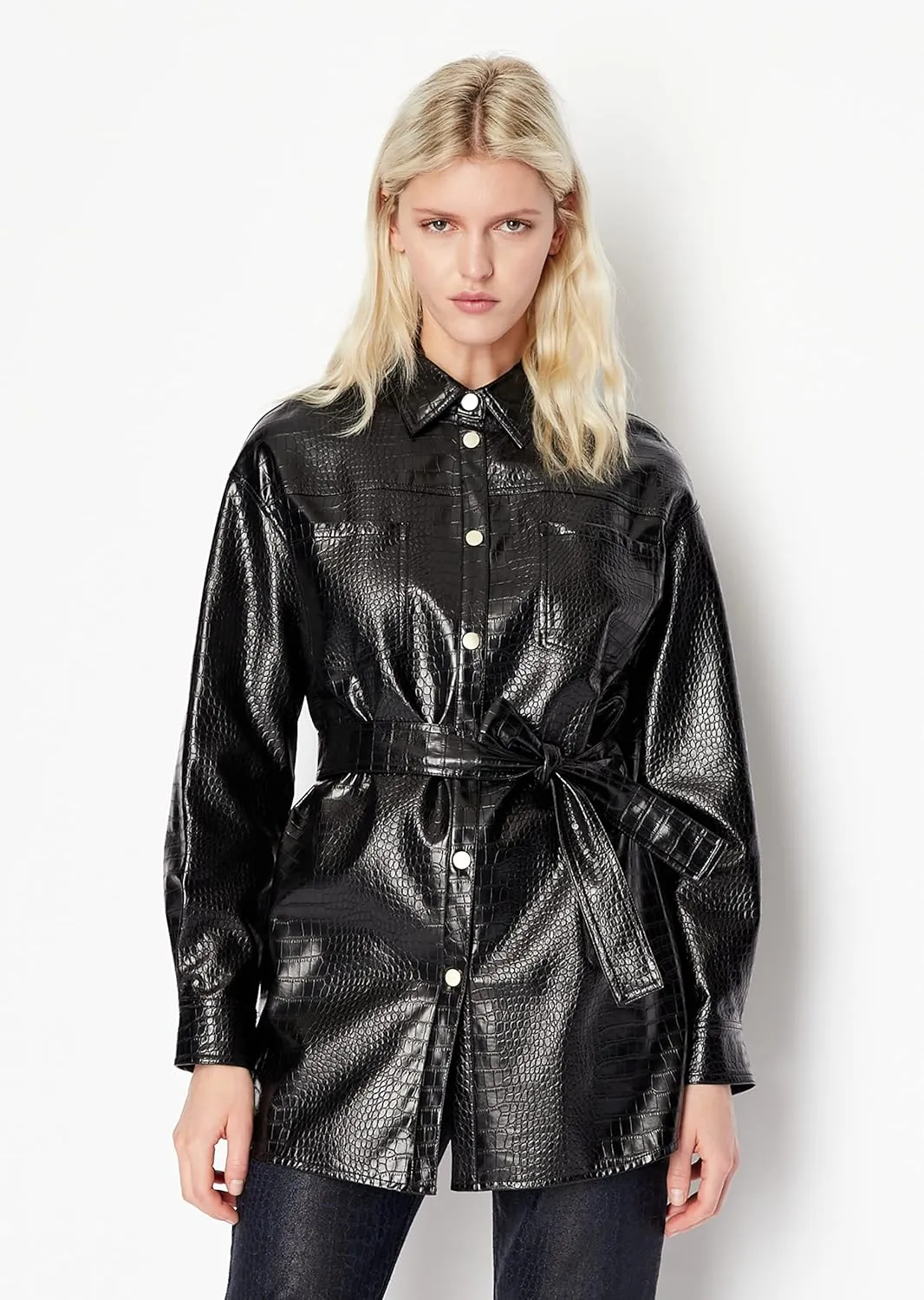 Armani Exchange Women's Pu Leather with Crocodile Pattern Belted Blouson Jacket