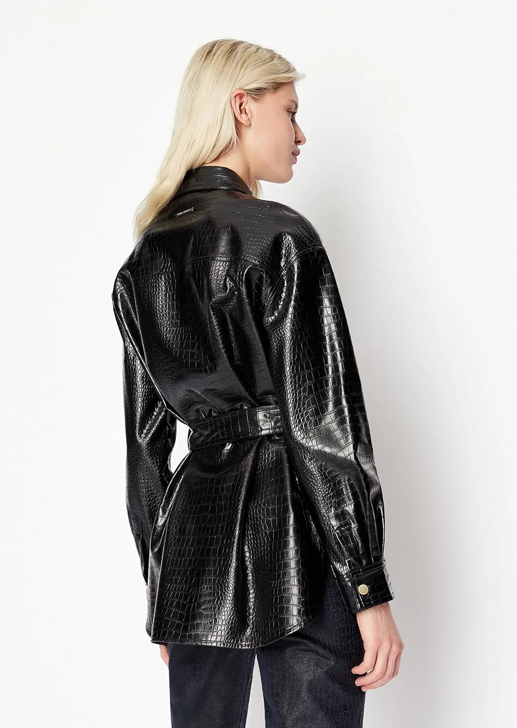 Armani Exchange Women's Pu Leather with Crocodile Pattern Belted Blouson Jacket