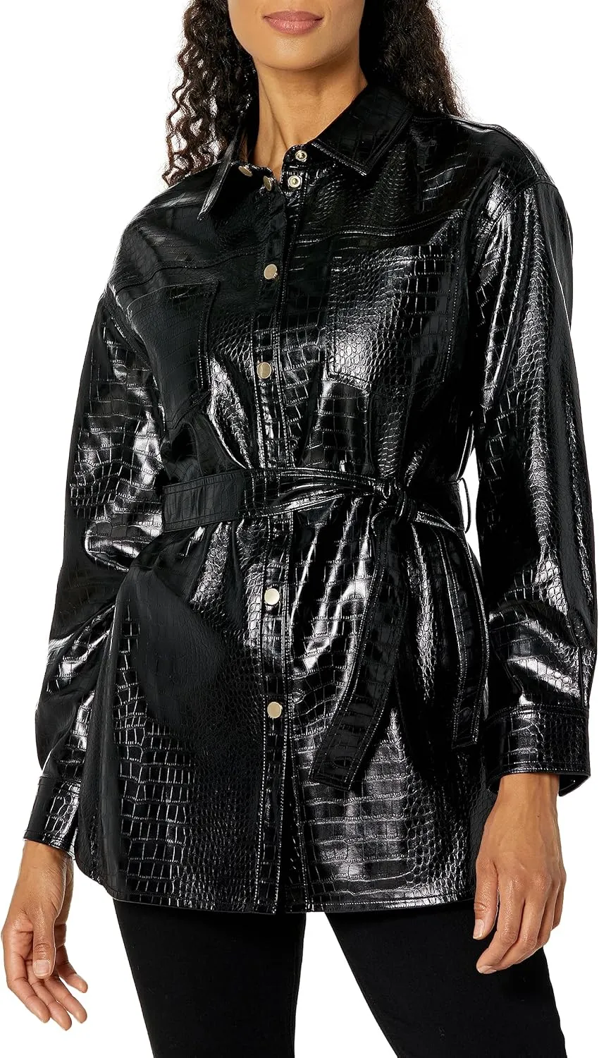 Armani Exchange Women's Pu Leather with Crocodile Pattern Belted Blouson Jacket