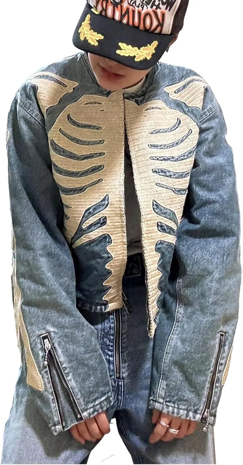 Arnodefrance Y2K Long Sleeve Zip Up Denim Jacket Vintage Washed Skeleton Printing Graphic Truck Jacket Warm Coat