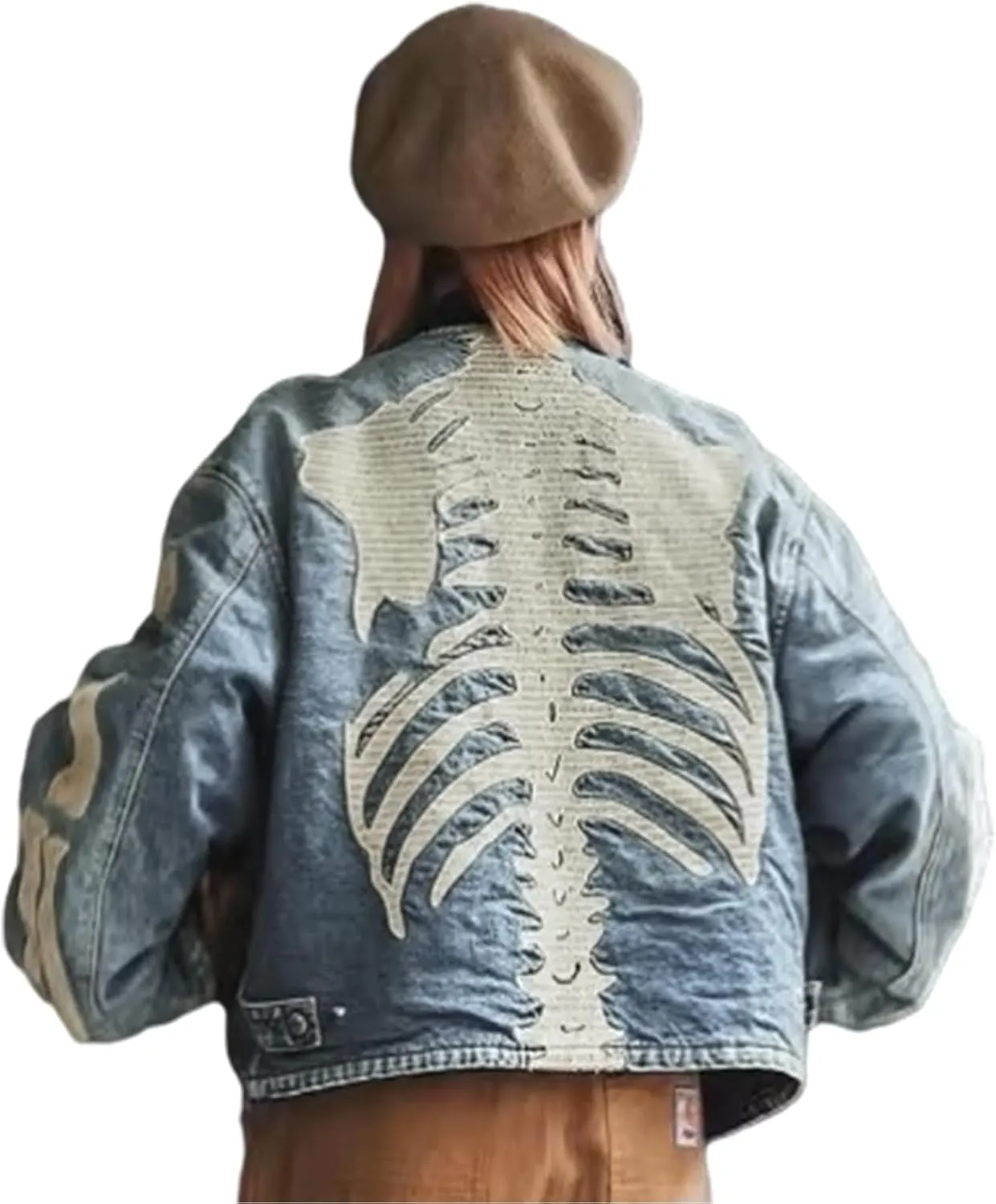Arnodefrance Y2K Long Sleeve Zip Up Denim Jacket Vintage Washed Skeleton Printing Graphic Truck Jacket Warm Coat