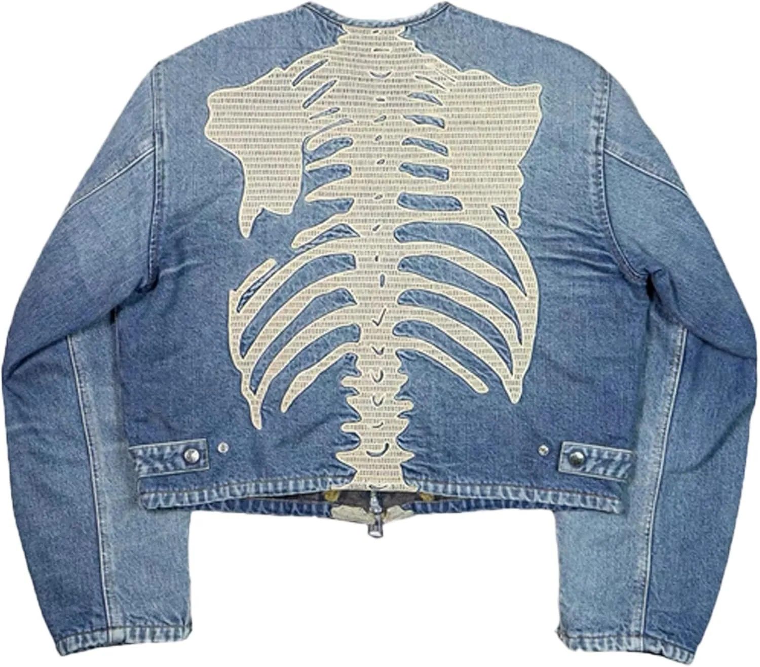 Arnodefrance Y2K Long Sleeve Zip Up Denim Jacket Vintage Washed Skeleton Printing Graphic Truck Jacket Warm Coat