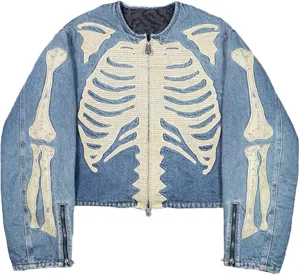 Arnodefrance Y2K Long Sleeve Zip Up Denim Jacket Vintage Washed Skeleton Printing Graphic Truck Jacket Warm Coat