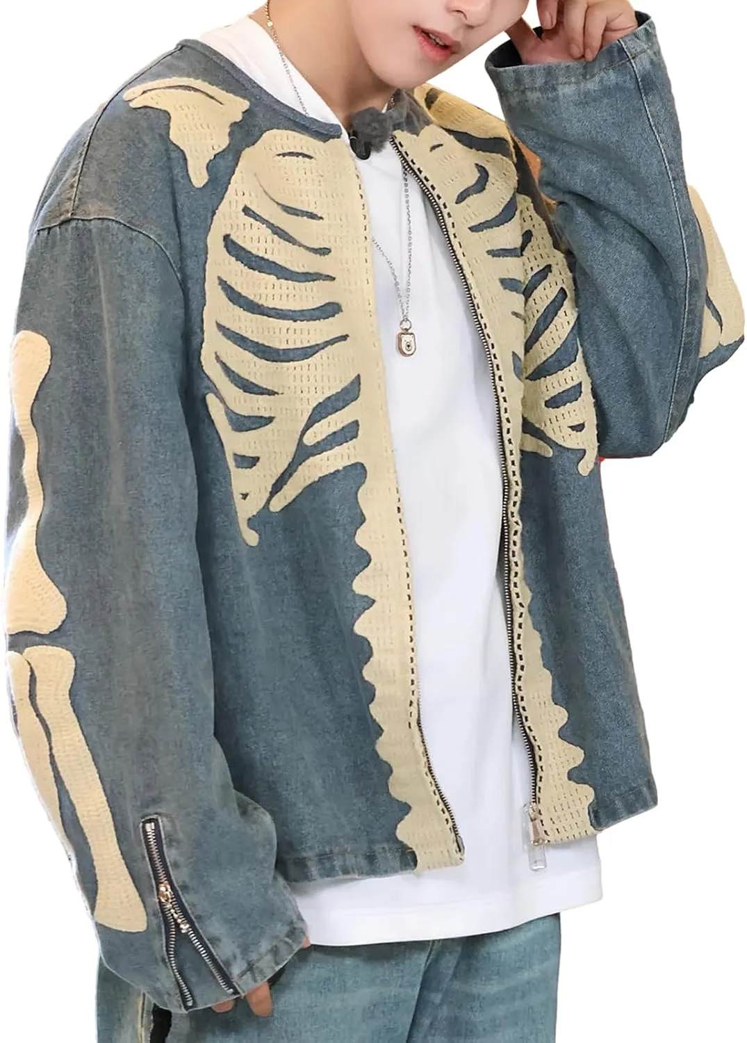 Arnodefrance Y2K Long Sleeve Zip Up Denim Jacket Vintage Washed Skeleton Printing Graphic Truck Jacket Warm Coat