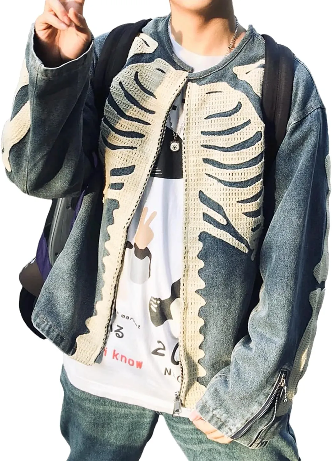 Arnodefrance Y2K Long Sleeve Zip Up Denim Jacket Vintage Washed Skeleton Printing Graphic Truck Jacket Warm Coat