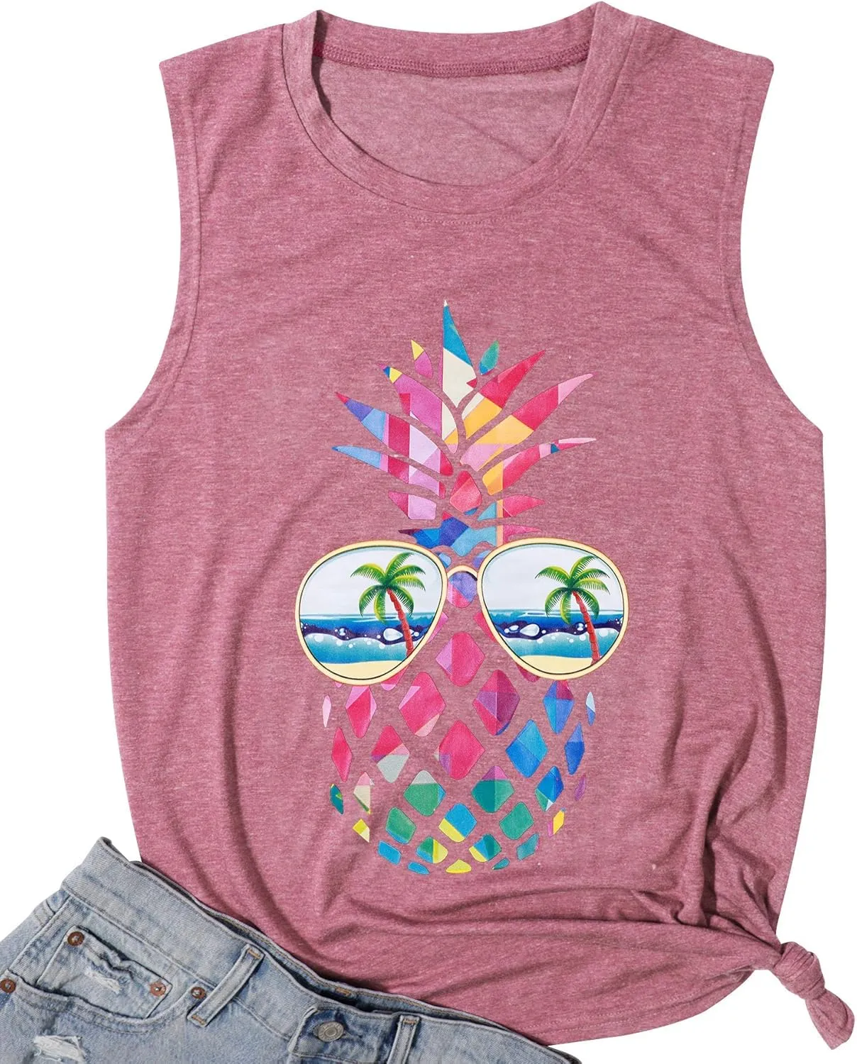 ASTANFY Women Pineapple Sunglasses Beach Tank Tops Funny Graphic Vest Casual Summer Sleeveless Tee Shirts