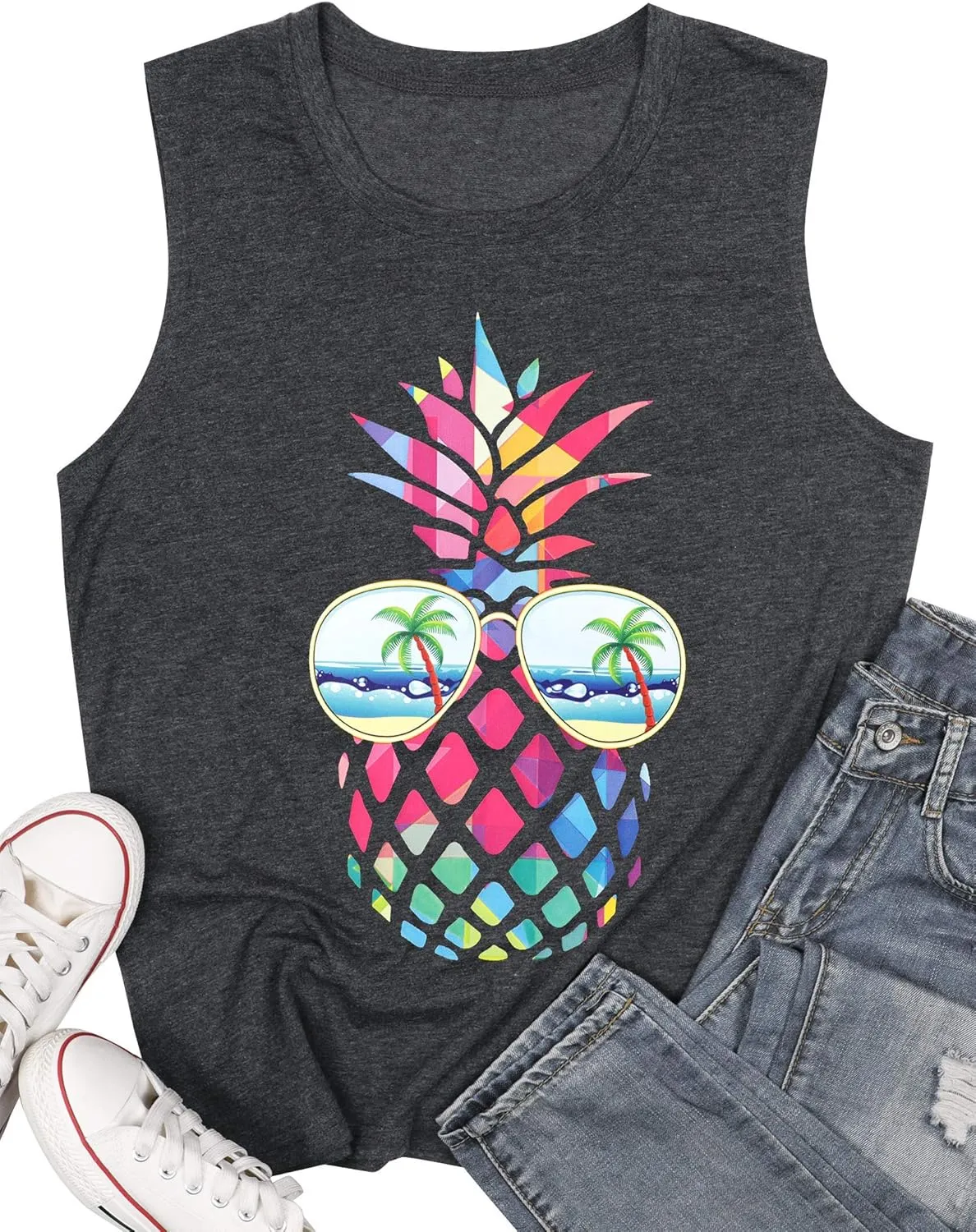 ASTANFY Women Pineapple Sunglasses Beach Tank Tops Funny Graphic Vest Casual Summer Sleeveless Tee Shirts