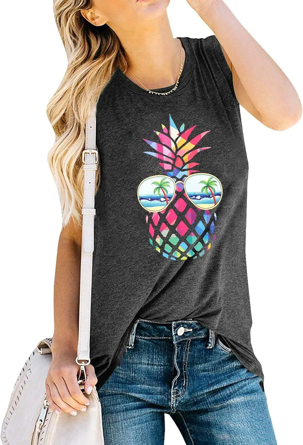 ASTANFY Women Pineapple Sunglasses Beach Tank Tops Funny Graphic Vest Casual Summer Sleeveless Tee Shirts