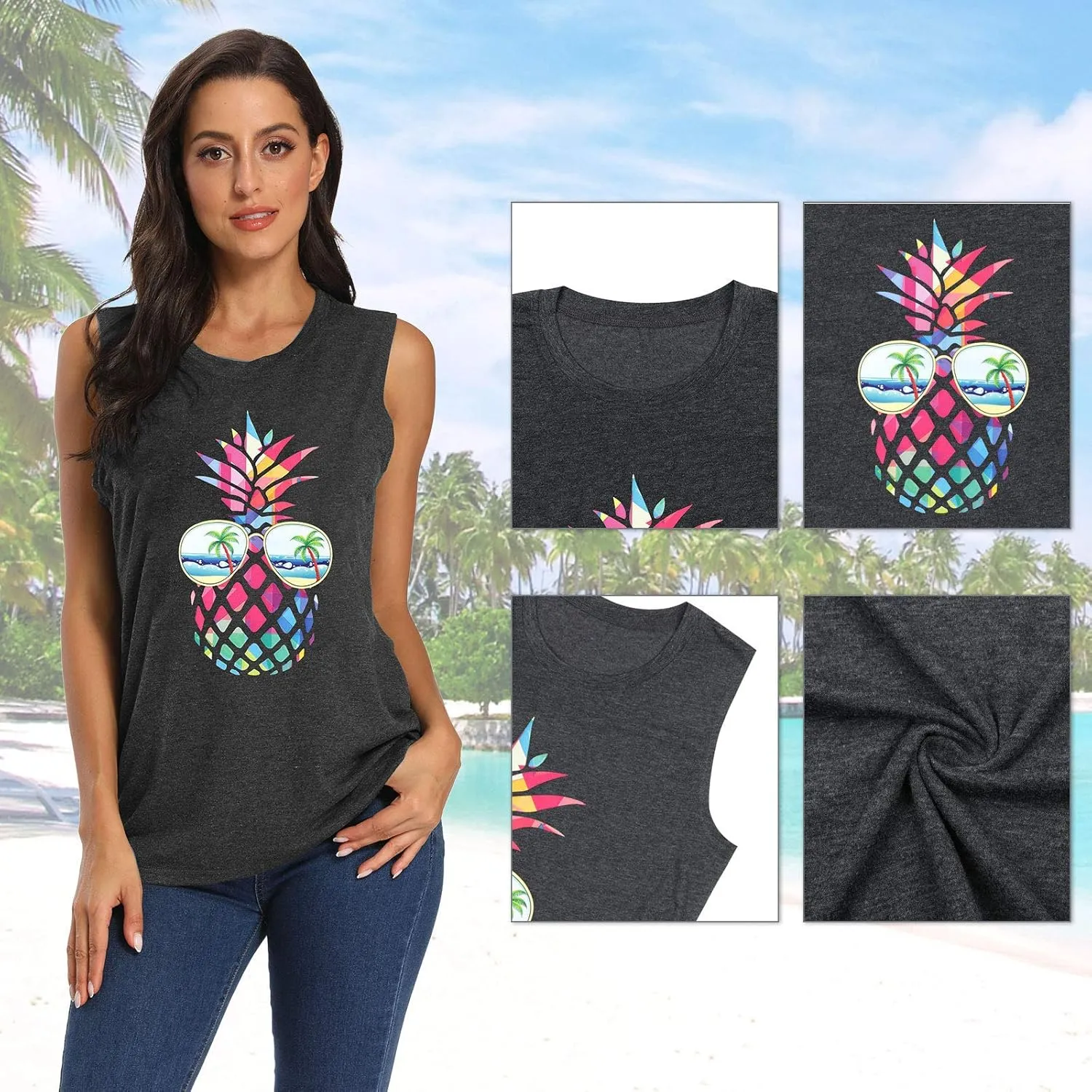 ASTANFY Women Pineapple Sunglasses Beach Tank Tops Funny Graphic Vest Casual Summer Sleeveless Tee Shirts