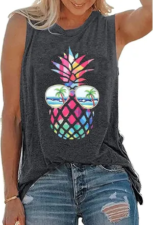 ASTANFY Women Pineapple Sunglasses Beach Tank Tops Funny Graphic Vest Casual Summer Sleeveless Tee Shirts