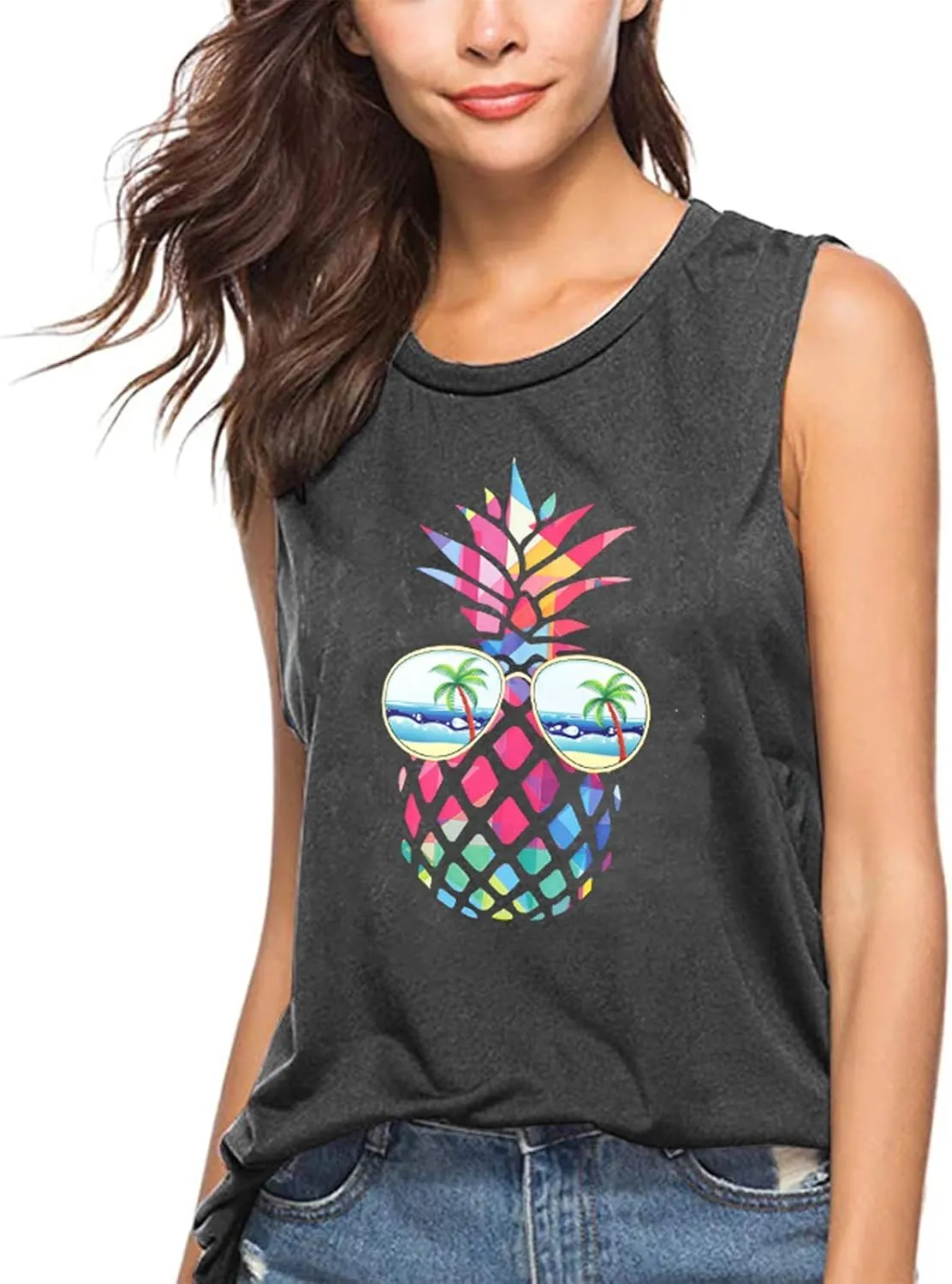 ASTANFY Women Pineapple Sunglasses Beach Tank Tops Funny Graphic Vest Casual Summer Sleeveless Tee Shirts