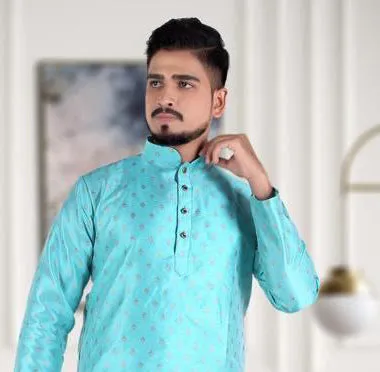 Attractive Men's Pure Sea Green Jacquard Cotton Silk Kurta Pajama Set