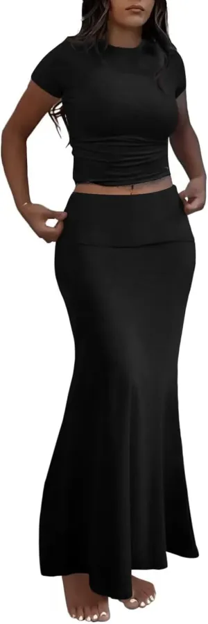 AYWA Skirt Sets for Women Fitted Short Sleeve Crew Neck T Shirt Fold Over Maxi Skirt Two Piece Outfits