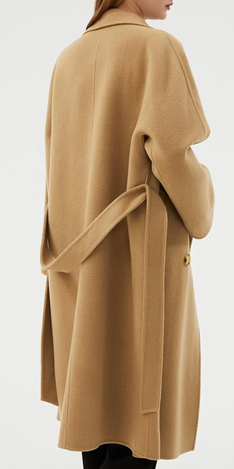 Babalet 100 Wool Double-faced Women Wool Blend Coat Double-breasted Casual Cashmere Coat Belted Trench Jacket with Pockets