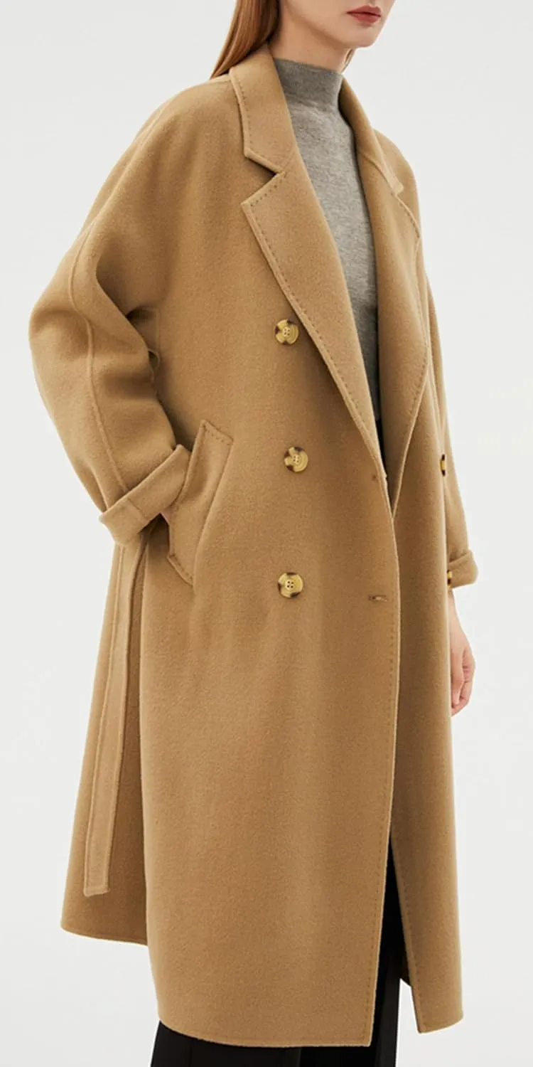 Babalet 100 Wool Double-faced Women Wool Blend Coat Double-breasted Casual Cashmere Coat Belted Trench Jacket with Pockets