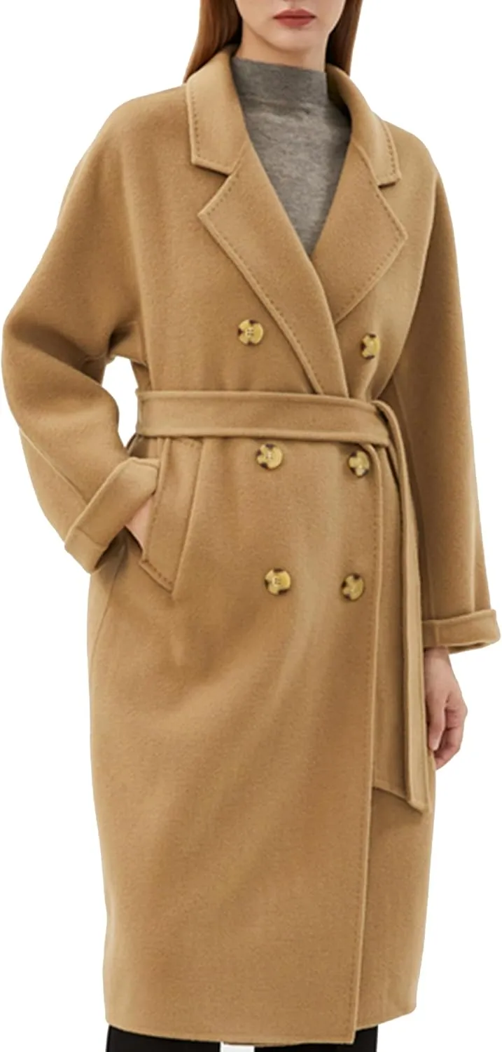 Babalet 100 Wool Double-faced Women Wool Blend Coat Double-breasted Casual Cashmere Coat Belted Trench Jacket with Pockets